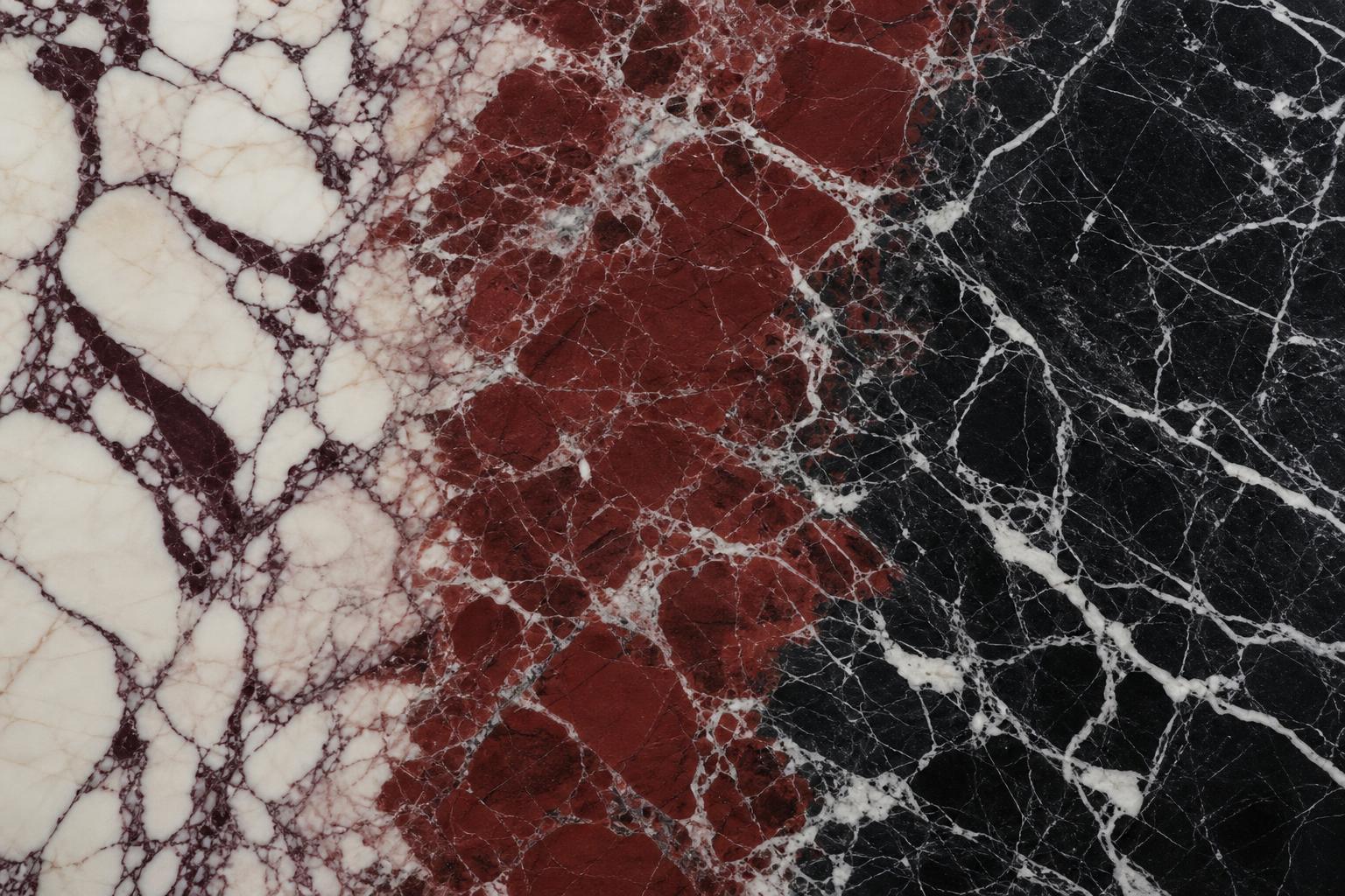 Close detail of Calacatta Viola, Rosso Levanto and Nero Marquina marble