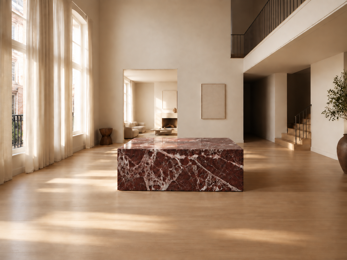 Rosso Levanto marble table in a sunlit loft interior by OROS