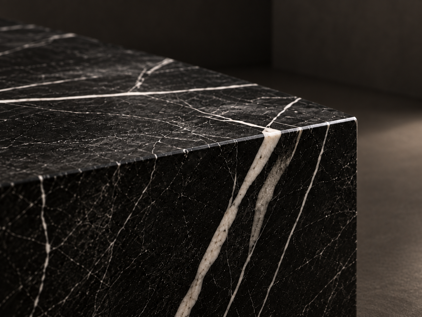Natural white veining across Nero Marquina marble